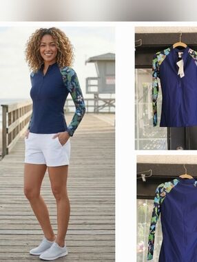 Navy Blue Floral Sleeve Sun Shirt